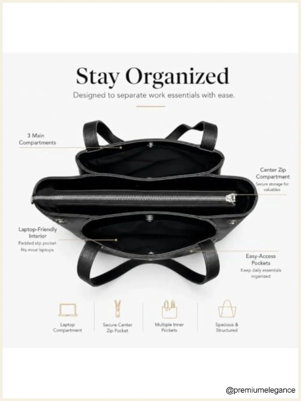 Large Structured Vegan Leather Work Tote Bag with Compartments for Women